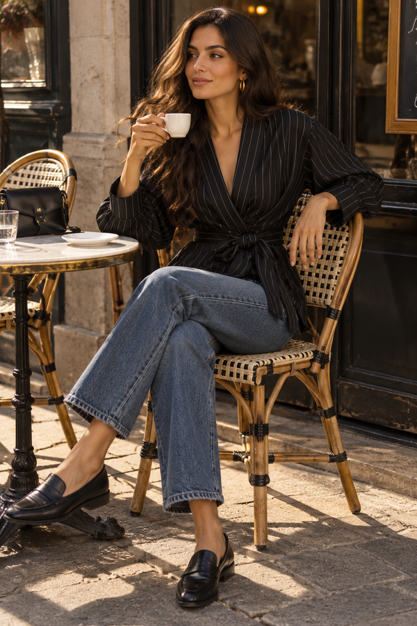 InStyle Camisera Curvy de Rayas Negra con Lazo